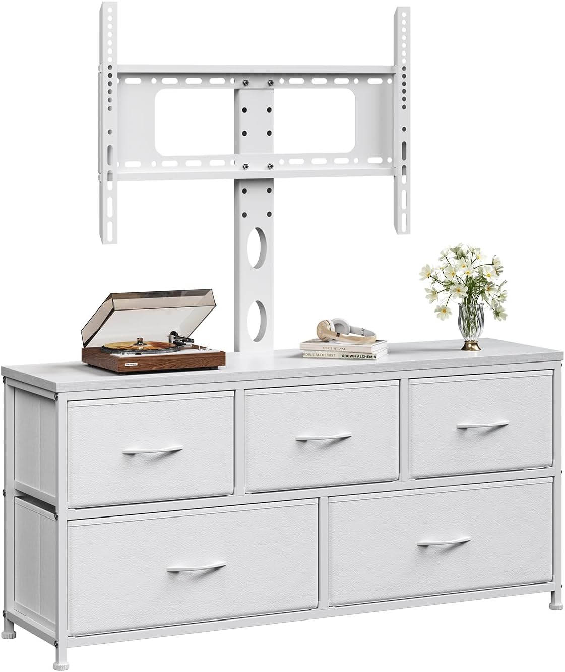 TV Stand with Mount, Fabric Dresser with 5 Drawers for 32/45/55/60/65/75 inch TVs, White Dresser Entertainment Center, Modern Media TV Console Table