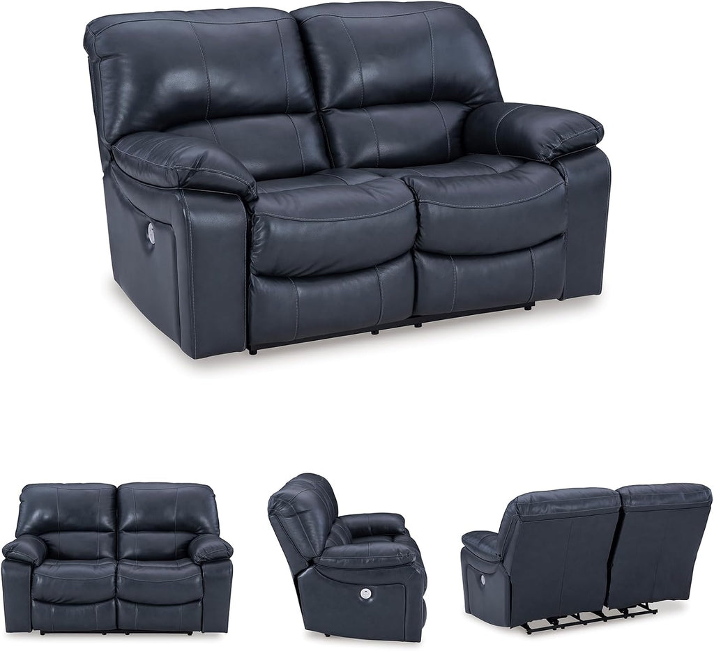 Signature Design by Ashley Leesworth Contemporary Power Reclining Loveseat with One-Touch Control and USB Charging Ports, Leather, 20' Seat Height, Blue