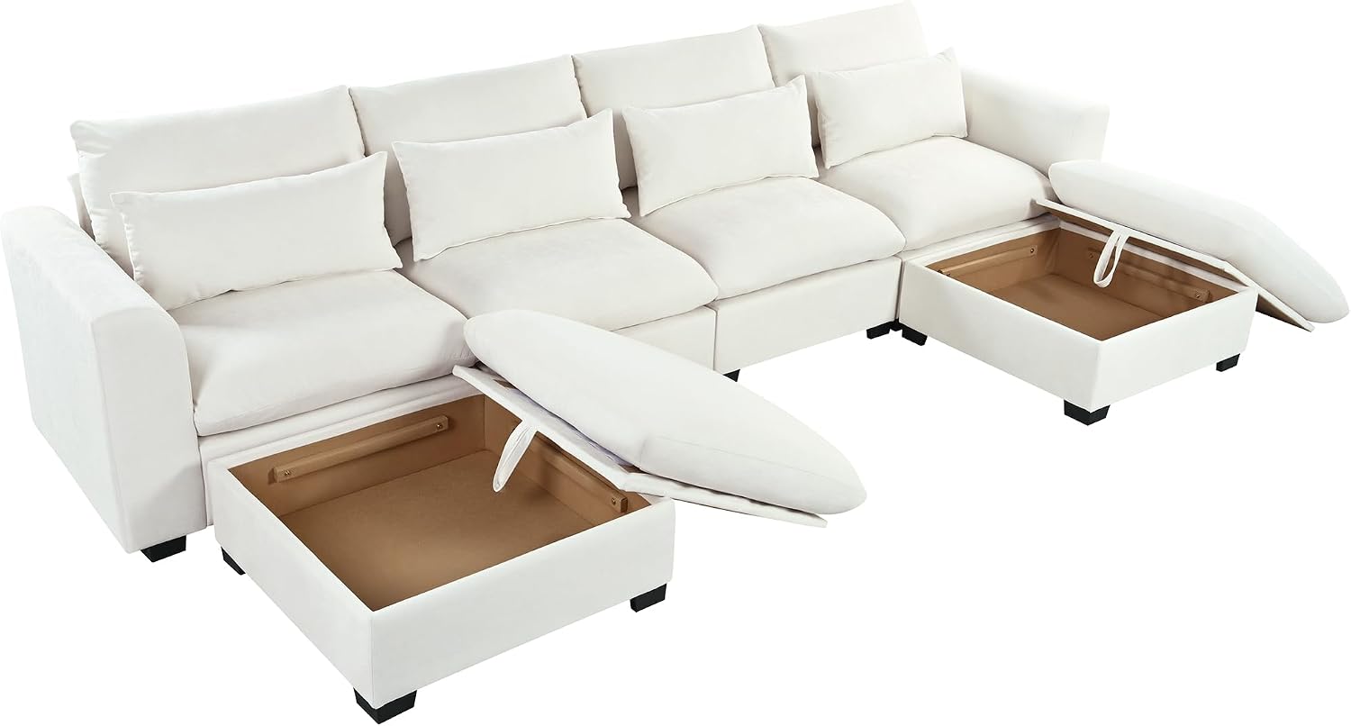 LUMISOL U-Shaped Sectional Sofa with Movable Ottomans, 131.9' Upholstered Modular Sofa Linen Blend Fabric Couch with Storage Ottomans, for Living Room Home Theaters Apartment, Beige