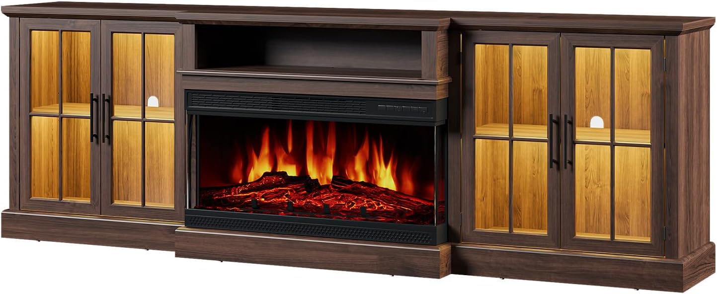 98' Farmhouse TV Stand with 36' Fireplace for TVs up to 100', Media Entertainment Center with Adjustable Shelves and Large Storage Cabinets, for Living Room, Brown & Black