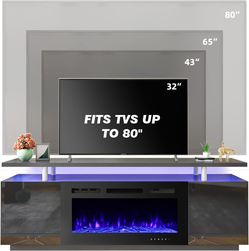 EROMMY 70'' Fireplace TV Stand with 36'' Electric Fireplace, Entertainment Center with 12 Flame Fireplace Insert Heater and 16 Color Led Lights, TV Console for TVs up to 80'' for Living Room, Black