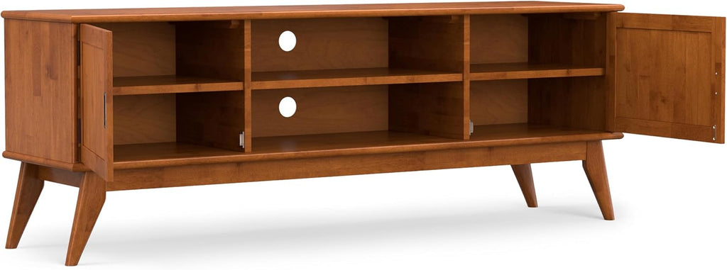SIMPLIHOME Draper TV Stand - 72 inch Wide Solid Wood Media Console in Teak Brown, Mid Century Modern Entertainment Center for Living Room for TVs up to 80 Inches with Cabinets and Cable Management