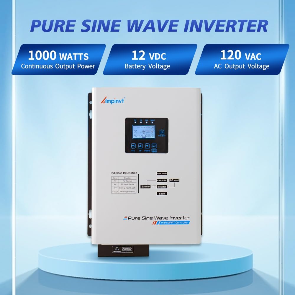 Ampinvt 1000W Low Frequency Pure sine Wave Solar Inverter, 12V DC to 120V AC with 30A MPPT Solar Controller & 15A Battery AC Charger, Compatible with Lifepo4 Battery for Home Backup,Off-Grid Living