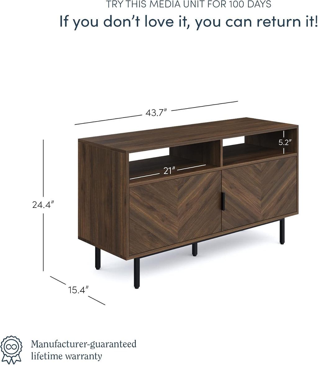Nathan James Izsak Wood Media Console, TV Stand, Entertainment Cabinet with Herringbone Doors and Cubby Storage in a Rustic Dark Finish for Living, Dining Room or Entryway, Walnut Brown/Black