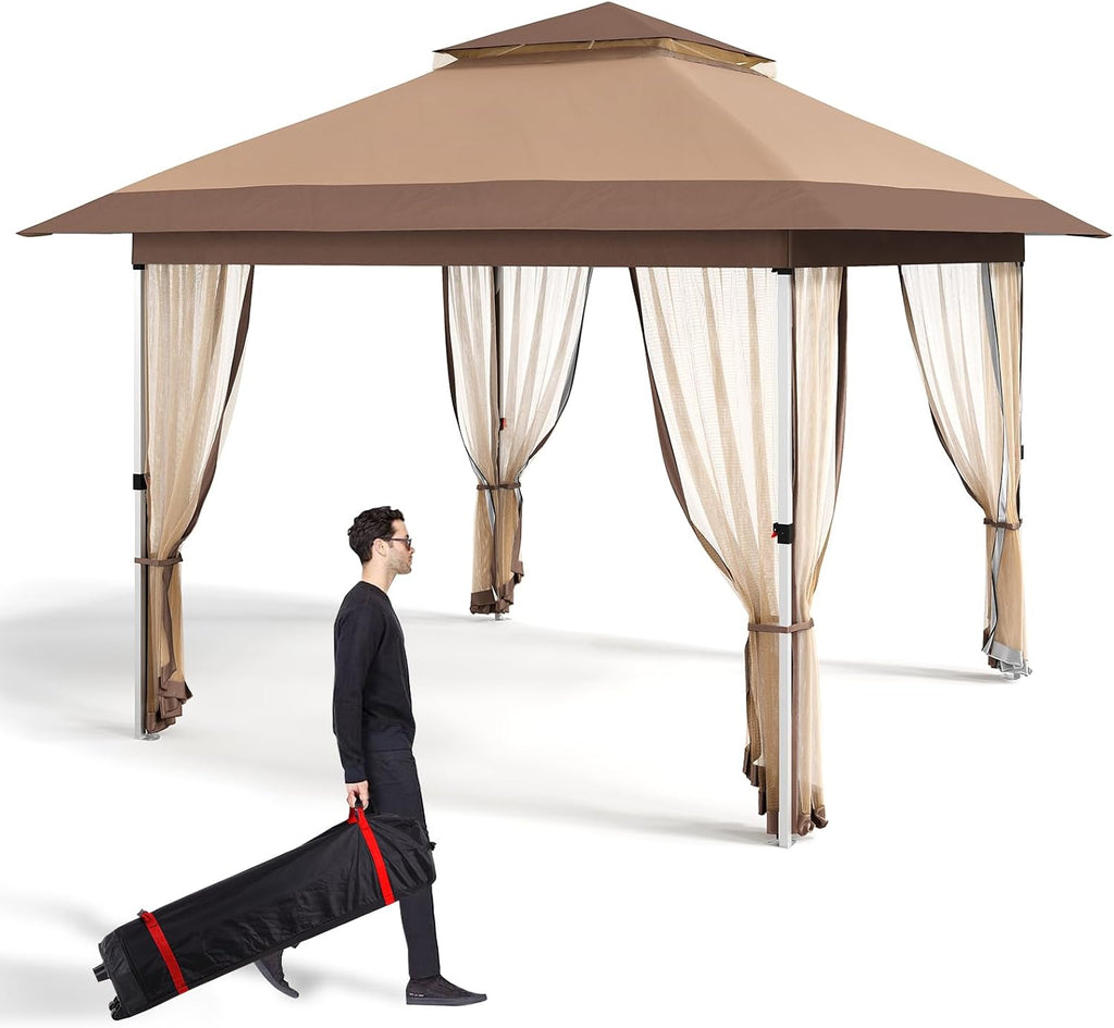GarveeLife 11 ft x11 ft Gazebo Outdoor Pop up Canopy Tent with Curtains and 121 Square Shelter for Patio,Backyard Party, with Mosquito Netting, 2-Tiered Vented Top, Khaki