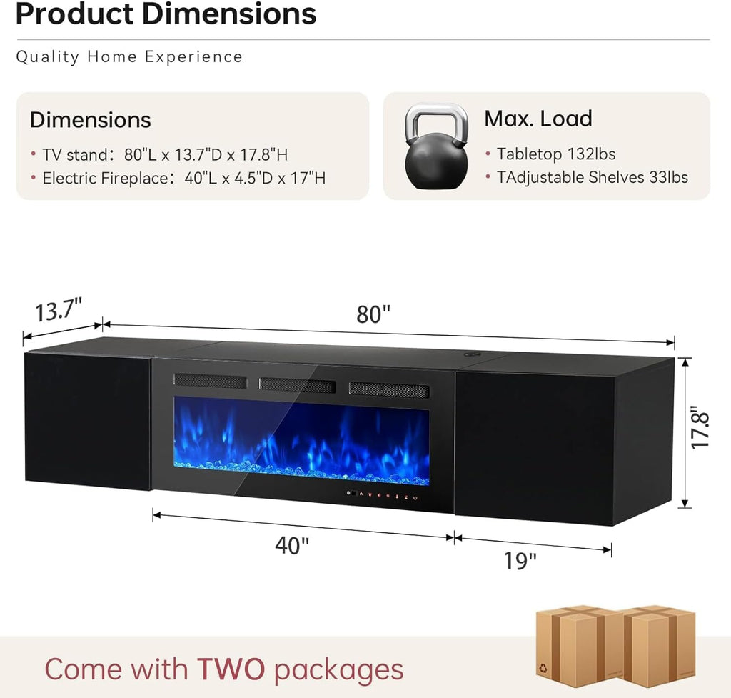 80'' Floating TV Stand with 40' Electric Fireplace, Wall Mounted Entertainment Center with Storage for TVs up to 90', Adjustable 12-Color LED Lights Media TV Console for Living Room