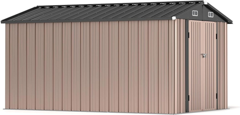 8x12ft Brown Metal Tool Shed with Double Lockable Doors, Ventilated Roof, Spacious Outdoor Storage for Tools, Bikes, and Garden Equipment