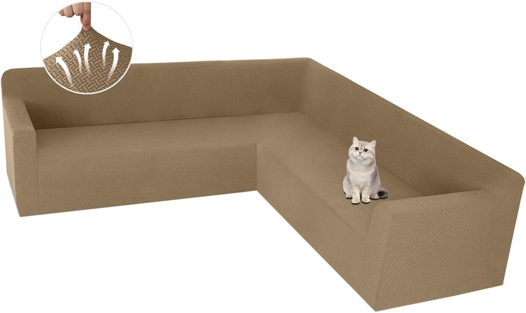 ALIECOM Stretch Corner Sectional Couch Covers L Shape Sofa Covers Washable Sectional Slipcovers U Shape Jacquard Living Room Pet Dogs Furniture Protector with Elastic Bottom (Camel, X-Large)