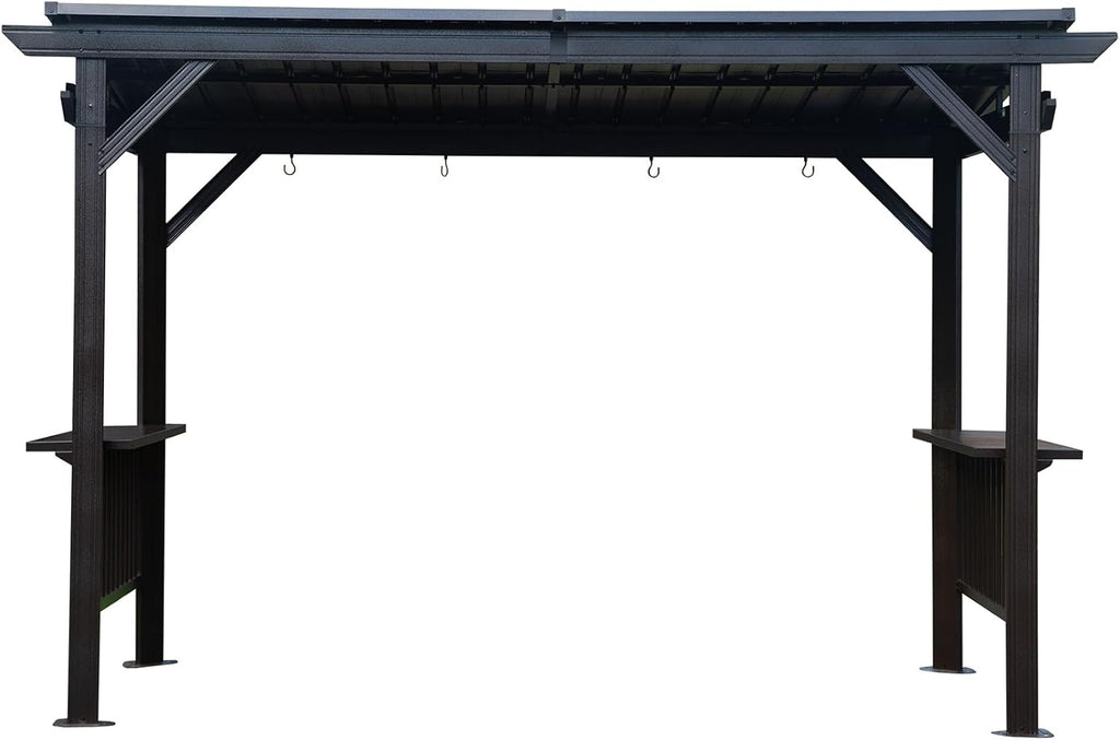 Aluminum Grill Gazebo with Double Roof & Shelves - Permanent Hardtop BBQ Shelter for Patio, Deck, Backyard, Outdoor Cooking,Flame (Gray, 6.5'x12' Sloping Roof)