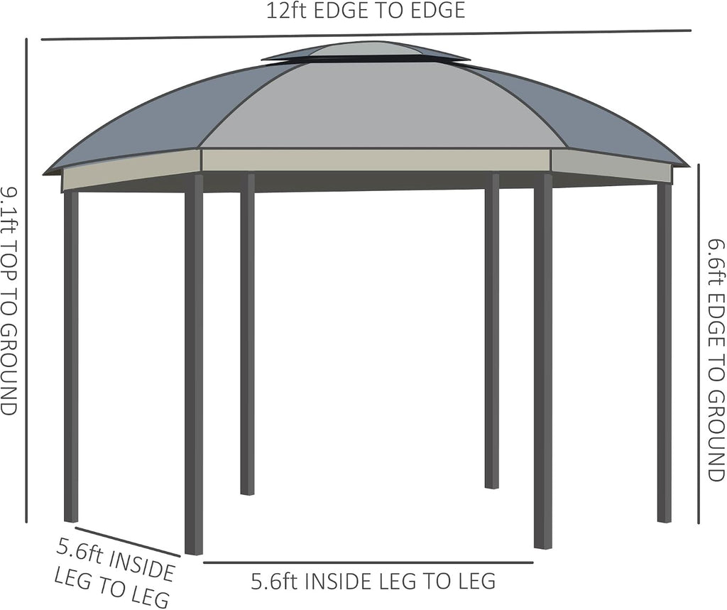 Outsunny 12' x 12' Round Outdoor Gazebo, Patio Dome Gazebo Canopy Shelter with Double Roof, Netting Sidewalls and Curtains, Zippered Doors, Strong Steel Frame, Grey