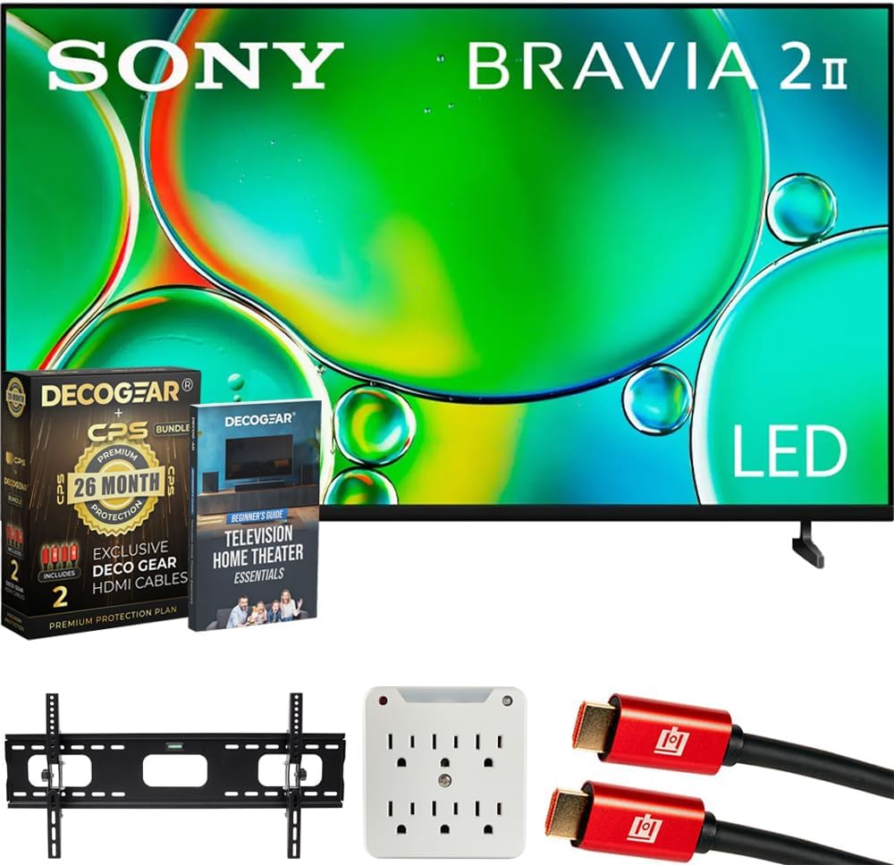Sony K75S20M2 BRAVIA 2 II 75' 4K HDR Smart LED TV 2025 Bundle with CPS Exclusive 26 Month Protection, Wall Mount, 2X HDMI Cables, Surge Adapter & Deco Gear Complete Home Theater Beginner's Guidebook