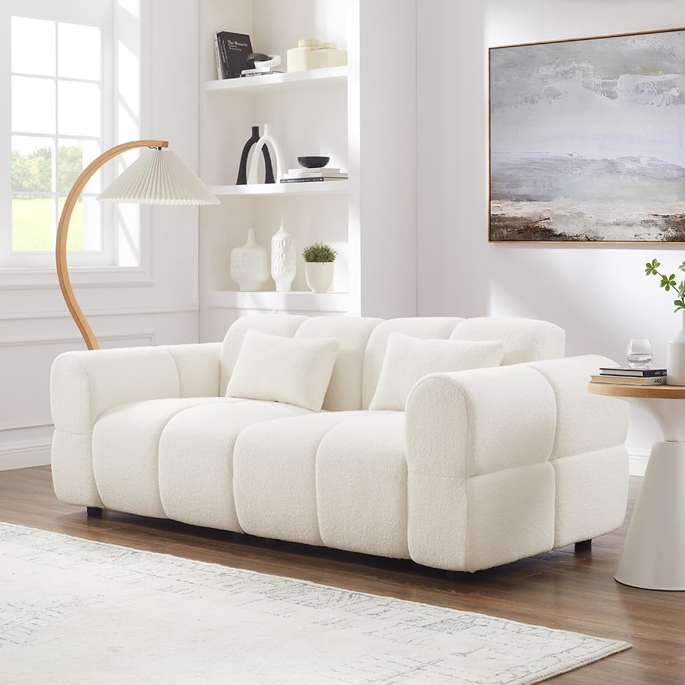 80' Modern Sofa Couch, Comfy Deep Seat Teddy Cloud Sofa, Upholstered 3-Seater Boucle Couch, Oversized Loveseat for Living Room, Bedroom, Office, Apartment(White)