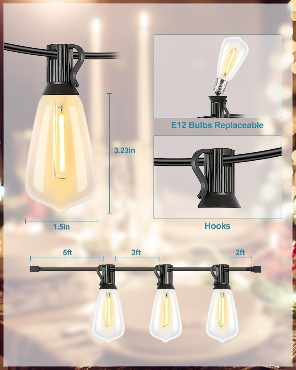 Lightdot 400FT Outdoor String Lights, LED Bistro String Lights with Shatterproof ST38 Vintage Bulbs, 2200K Dimmable, Waterproof Hanging Lights for Porch, Deck, Garden, Backyard, Balcony - ETL Listed