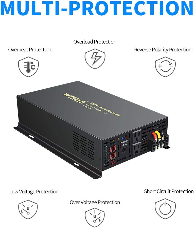 WZRELB 3000W 12VDC 120VAC Pure Sine Wave Power Inverter with 2 AC Outlets Wired Remote Control Car Inverter (RBP-300012WR)
