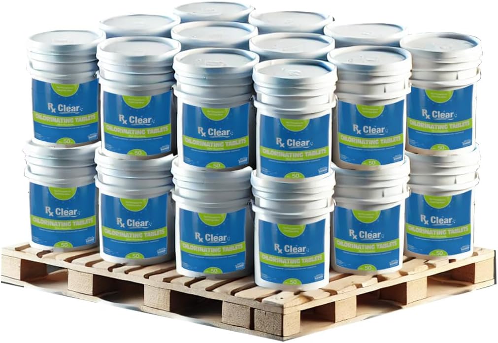Rx Clear 1' Inch Chlorine Tabs | 1200 Pounds | Use Tablets as Bactericide, Algaecide, & Disinfectant in Swimming Pools | Stabilized, Long Lasting, Slow Dissolving, & UV Protected (24 x 50 LB Buckets)