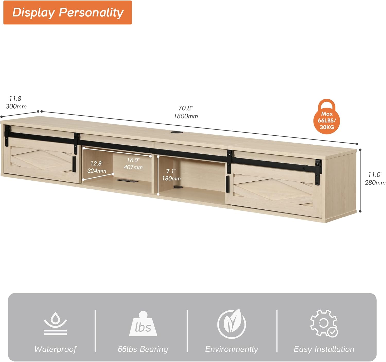 WAMPAT Floating TV Stand for TVs up to 80 Inch, Wood Entertainment Center with Charging Station, Sliding Barn Door Floating TV Shelf for Living Room,Oak