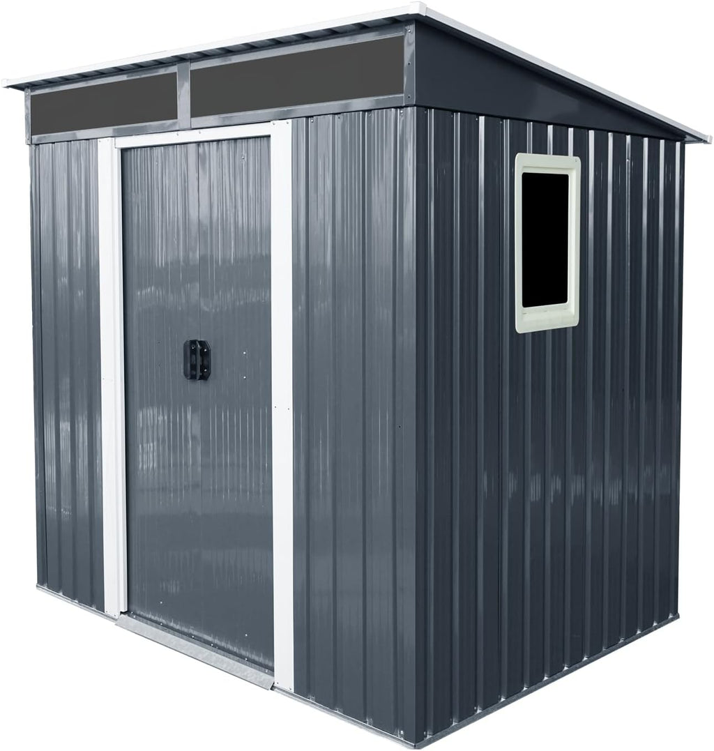 GDFStudio 6ft x 5ft Outdoor Metal Storage Shed with Window and Transparent Roof Panel, Garden Tool House with Metal Foundation, Sliding Doors, Hooks & Accessories Included,Black and White