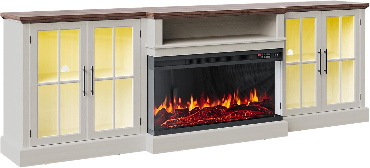98' Farmhouse TV Stand with 36' Fireplace for TVs up to 100', Media Entertainment Center with Adjustable Shelves and Large Storage Cabinets, for Living Room, White & Black