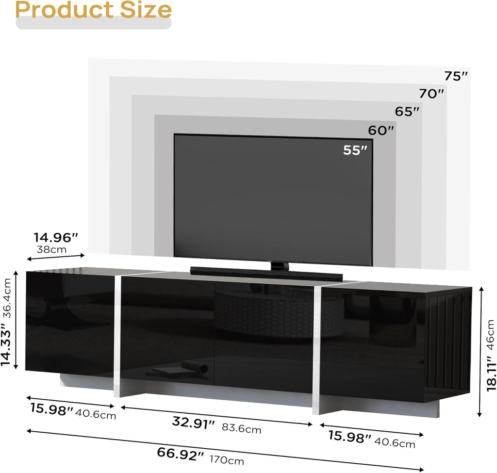 holzart 67' Modern Black TV Stand up to 70 Inch TV, Media Console with High Gloss Doors & Scratch-Resistant Matte Top, Entertainment Center with Cable Management & Storage Cabinet for Living Room