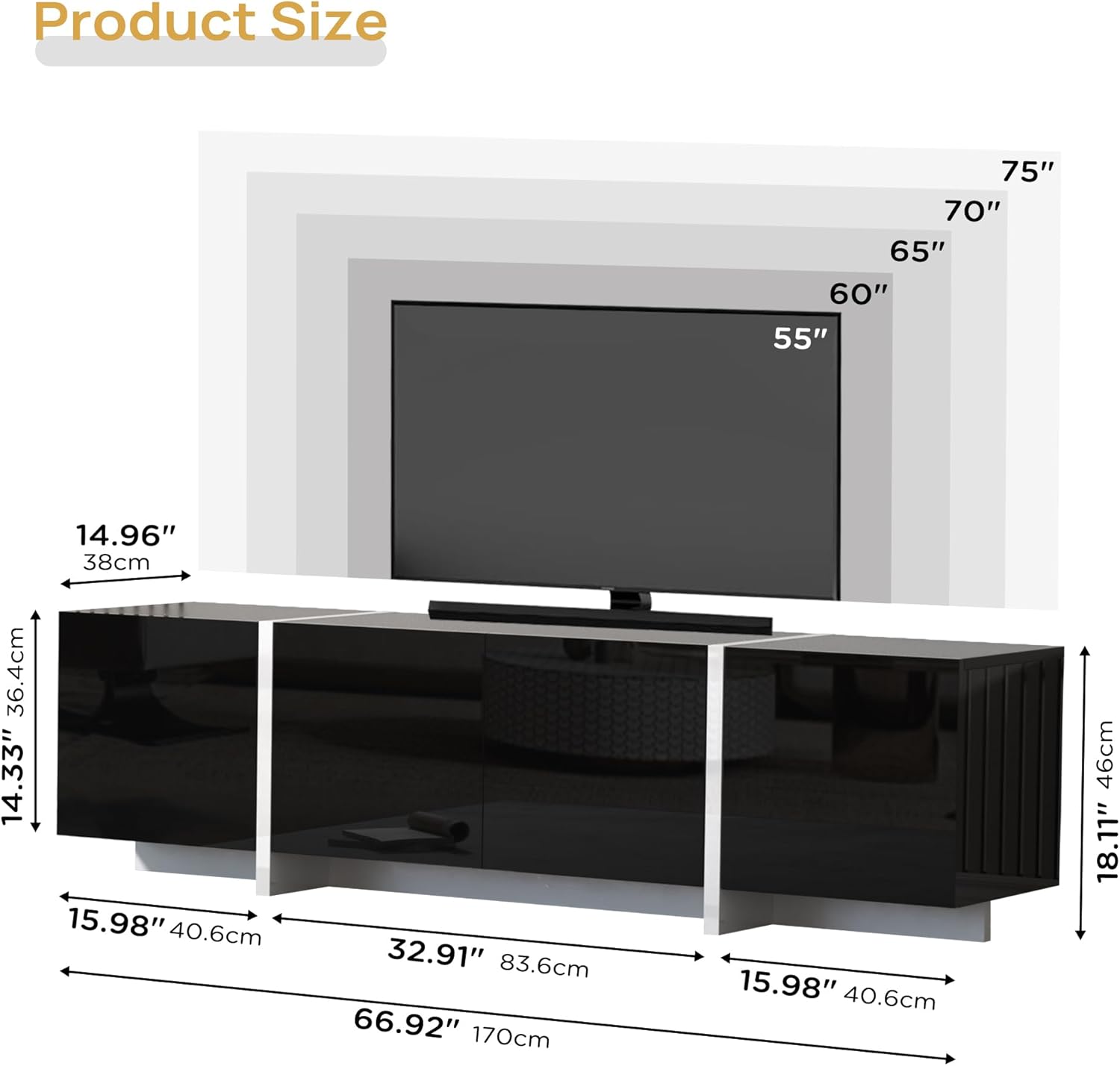 holzart 67' Modern Black TV Stand up to 70 Inch TV, Media Console with High Gloss Doors & Scratch-Resistant Matte Top, Entertainment Center with Cable Management & Storage Cabinet for Living Room