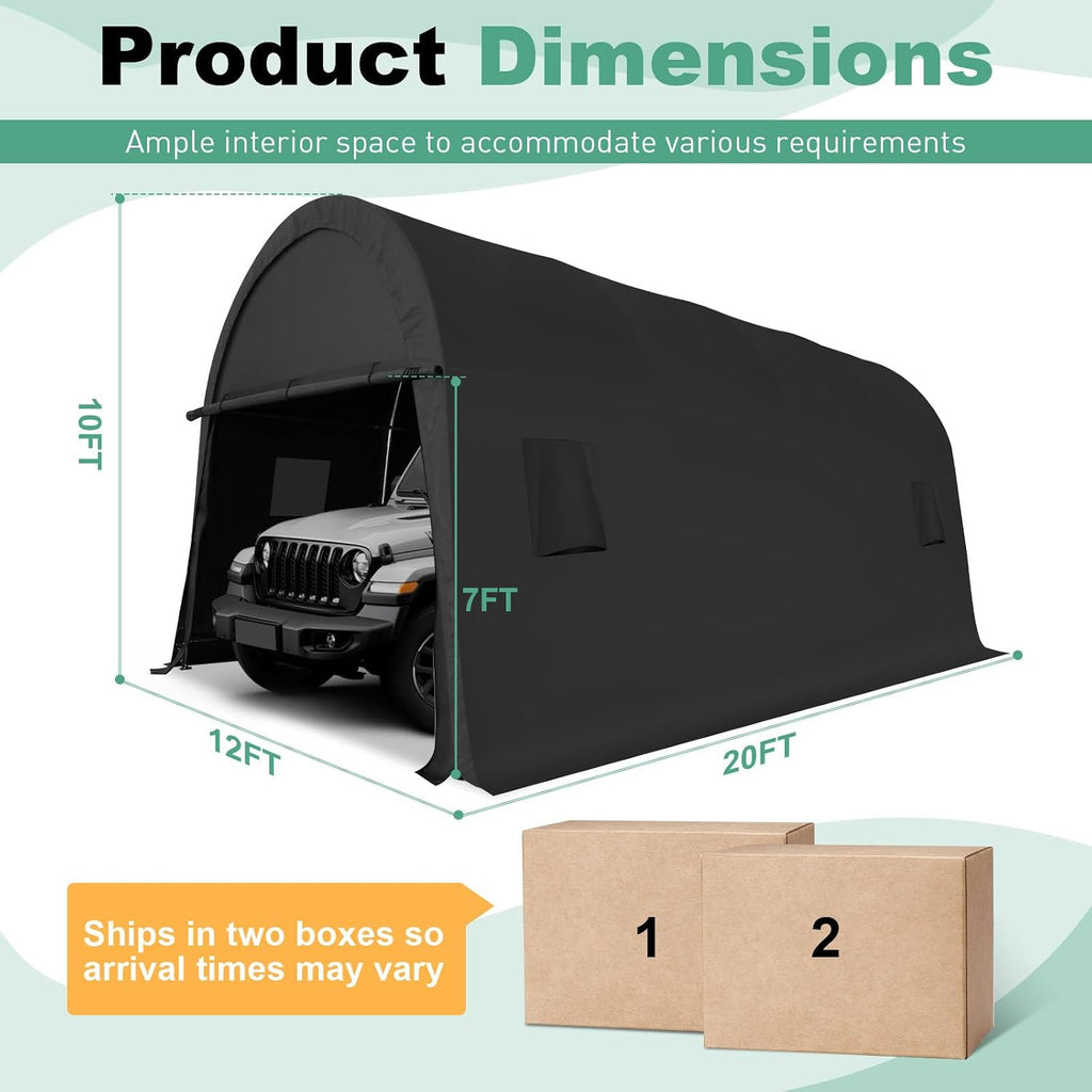 COBIZI Carport 12x20 Heavy Duty Storage Shelter Shed Portable Garage with All-Steel Metal Frame & Vents, Round Style Outdoor Storage Shed for Car, Truck, Boat, Waterproof Carport Canopy Anti-Snow