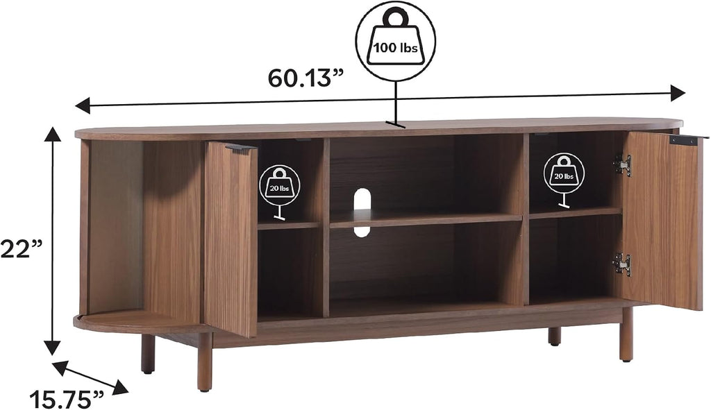 Walker Edison Chloe Curved Reeded TV Stand, Sliding Doors, 65 Inch, 60 inch, Mocha