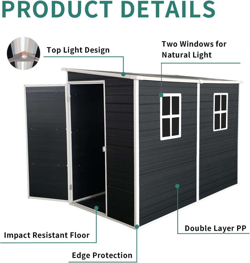 Storage Shed, 4x8ft Outdoor Storage Shed with Floor Included with 2 Windows and Lockable Door, Resin Sheds for House Garden Tools, Bike, Motorcycle, Lawn Mover, Lean to Shed, Black