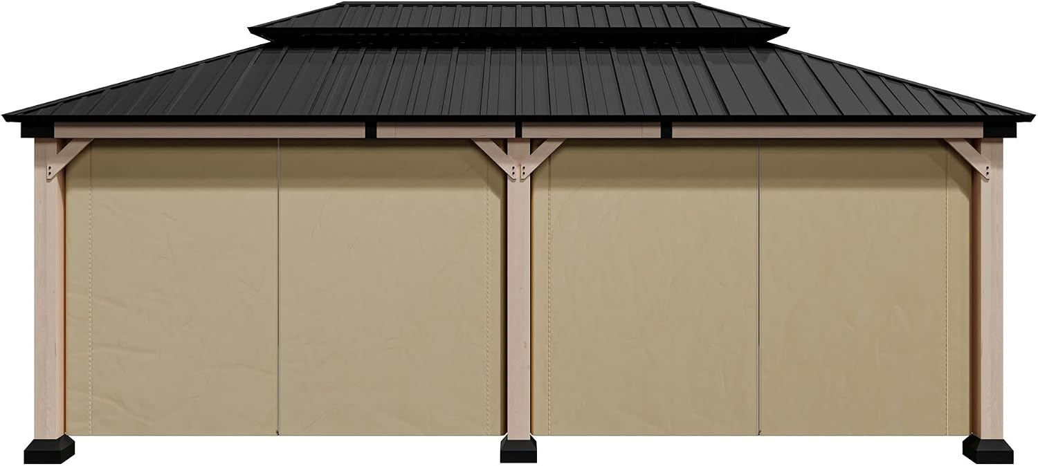 Cedar Wood Gazebo 12x20Ft Hardtop Gazebo with Curtains, Outdoor Permanent Gazebo Pergola with Galvanized Steel Double Roof Pavilion for Patio Lawn Garden
