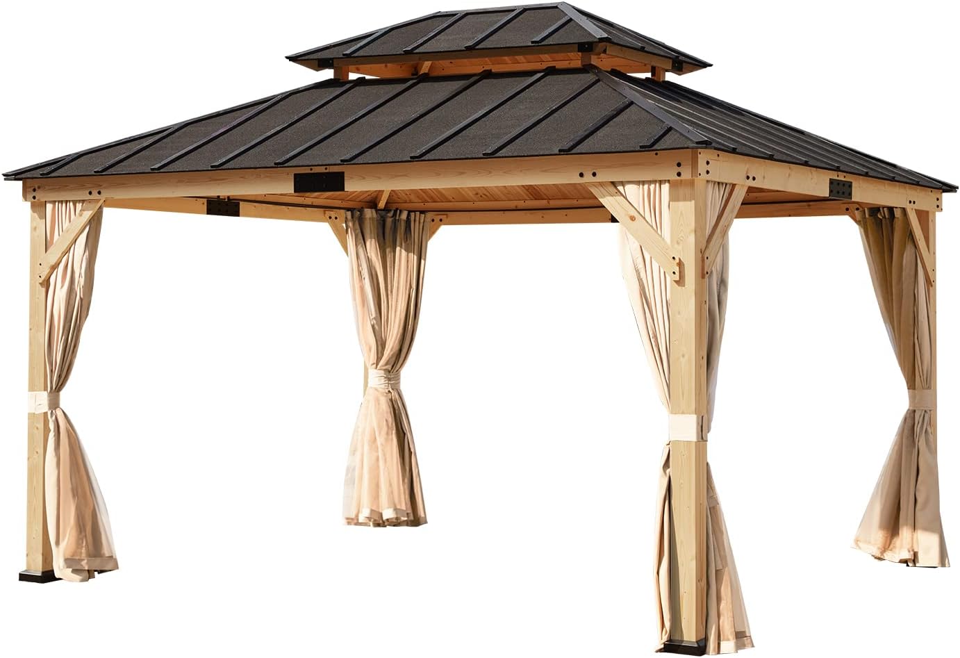 YOLENY 11' x 13' Solid Spruce Wood Gazebo, Hardtop Gazebo with Coated Wood Frame, Waterproof Asphalt Double Roof, Nettings and Curtains for Lawns, Gardens, Decks, and Patios