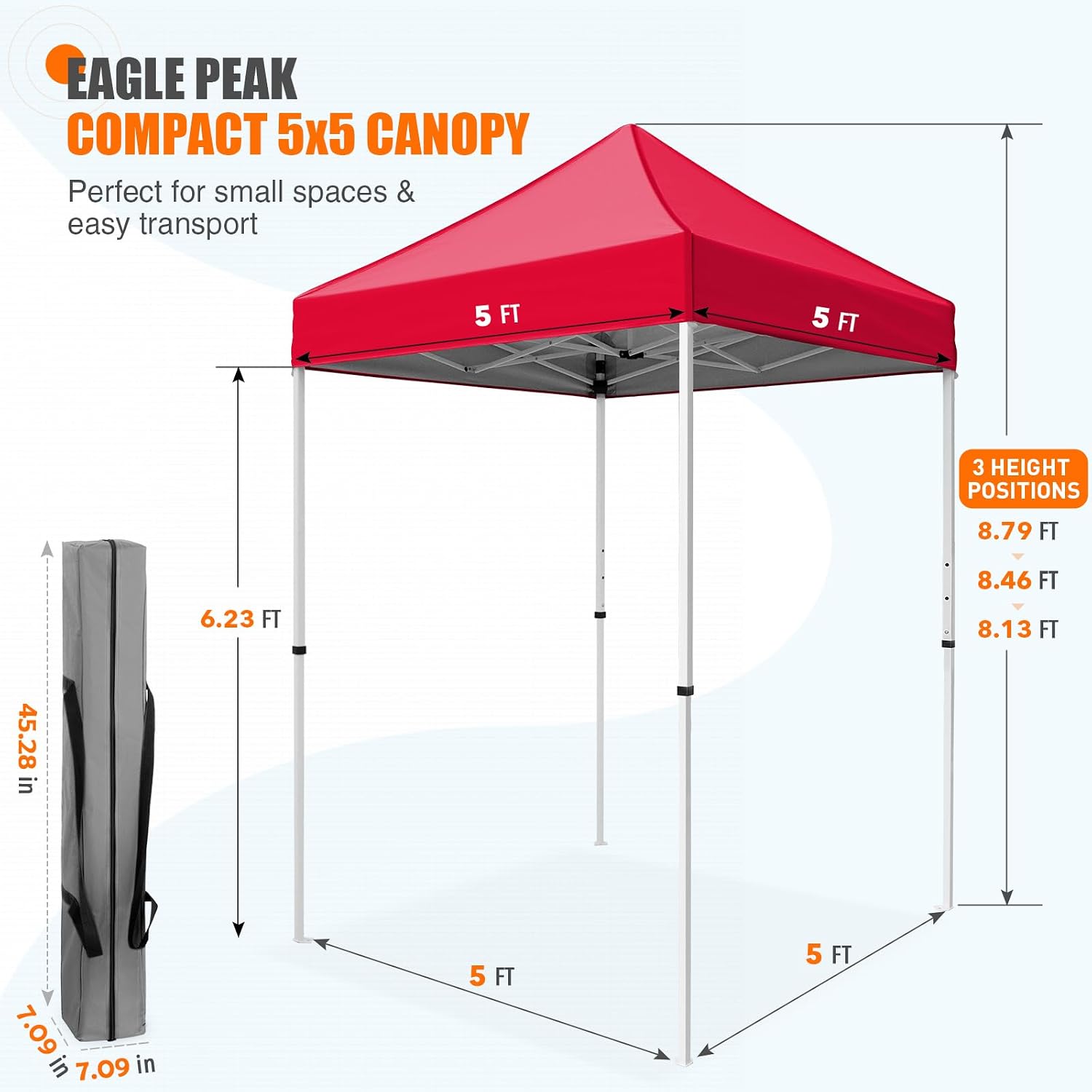 EAGLE PEAK 5x5 Pop Up Canopy Tent Instant Outdoor Canopy Easy Set-up Straight Leg Folding Shelter, Red