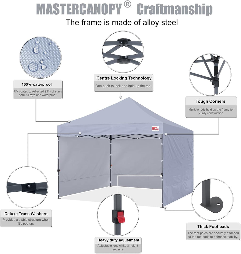 MASTERCANOPY Heavy Duty Pop-up Canopy Tent with Sidewalls (10x10,Gray)