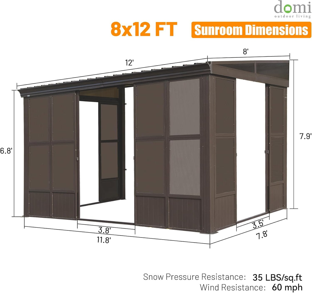 Domi 8x12FT Wall Mounted Sunroom All Season, Patio Small Solarium with 3 Sliding Double Doors, Enclosed Aluminum Lean to Gazebo with Galvanized Steel Roof, Detachable PC Windows for Deck, Backyard