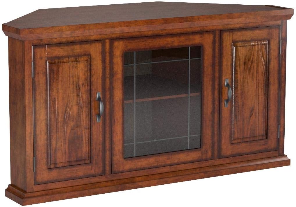 Leick Home 80385 Leaded Glass Three Door Corner TV Stand with Enclosed Storage For 50' TV's, Burnished Oak