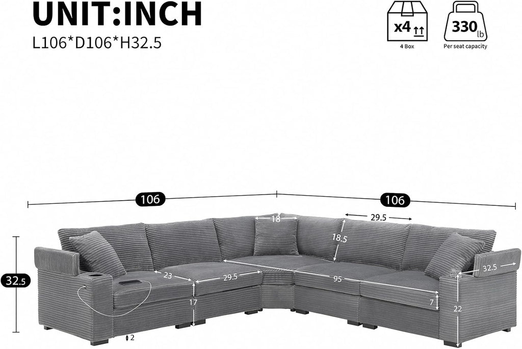 106'' Modular Sectional Sofa Couch, 5-Seater Oversized L-Shaped Corner Couch Set with USB Charger, Armrest Storage and Cup Holders, Corduroy Sectional Couches for Living Room (Gray)
