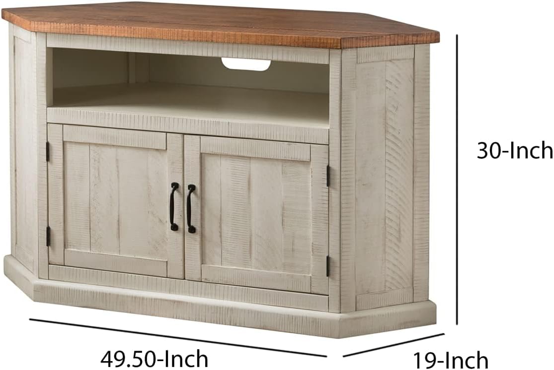 Martin Svensson Rustic Solid Wood TV Stand - Antique White and Honey Tobacco Finish - Hexagonal Shape and Farmhouse Design Entertainment Center with Shelves Included