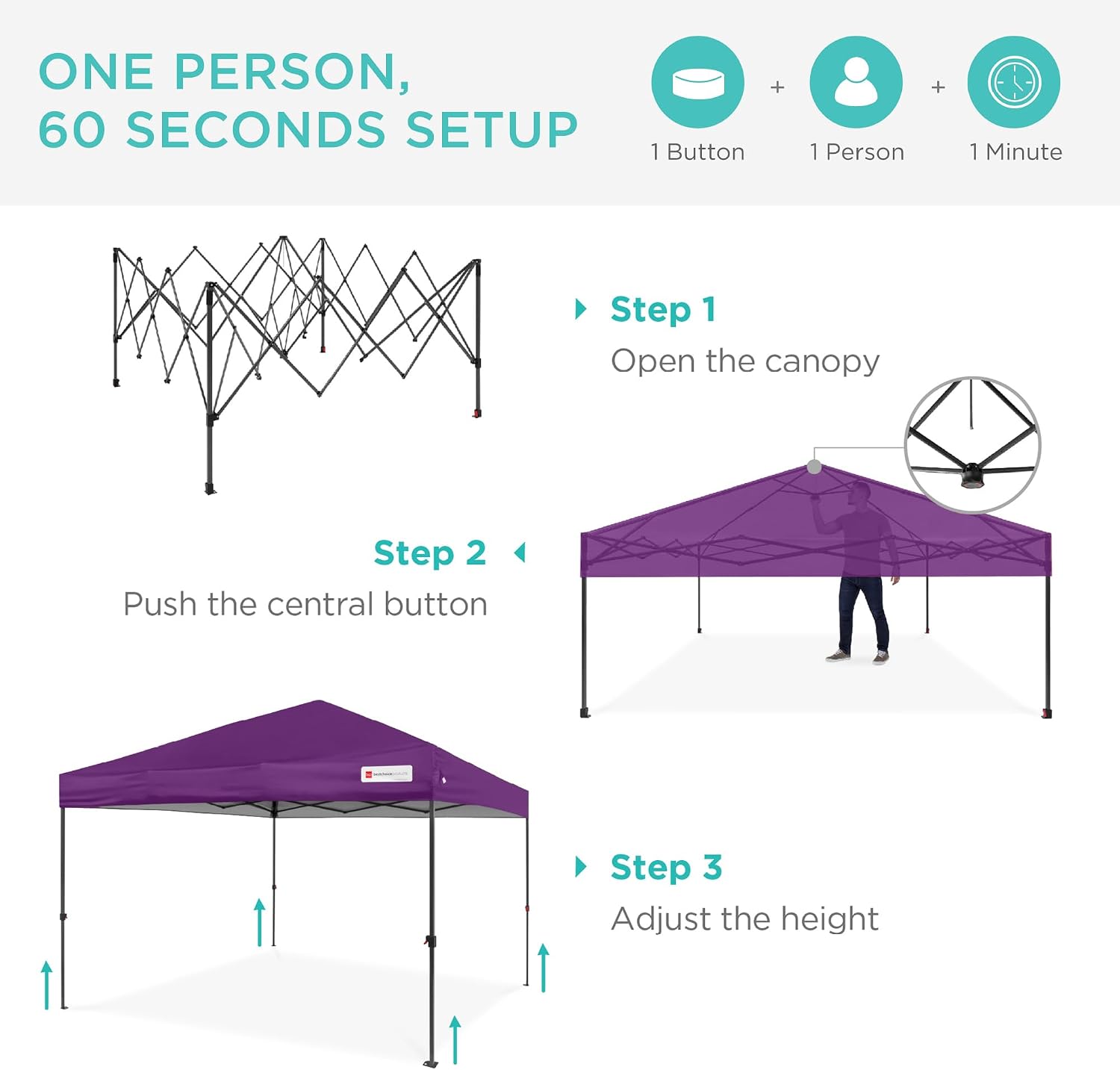 Best Choice Products 10x10ft Pop Up Canopy Tent, Outdoor Shade, 1 Person 1 Minute Set Up, Carry Case, 4 Weight Bags - Amethyst Purple