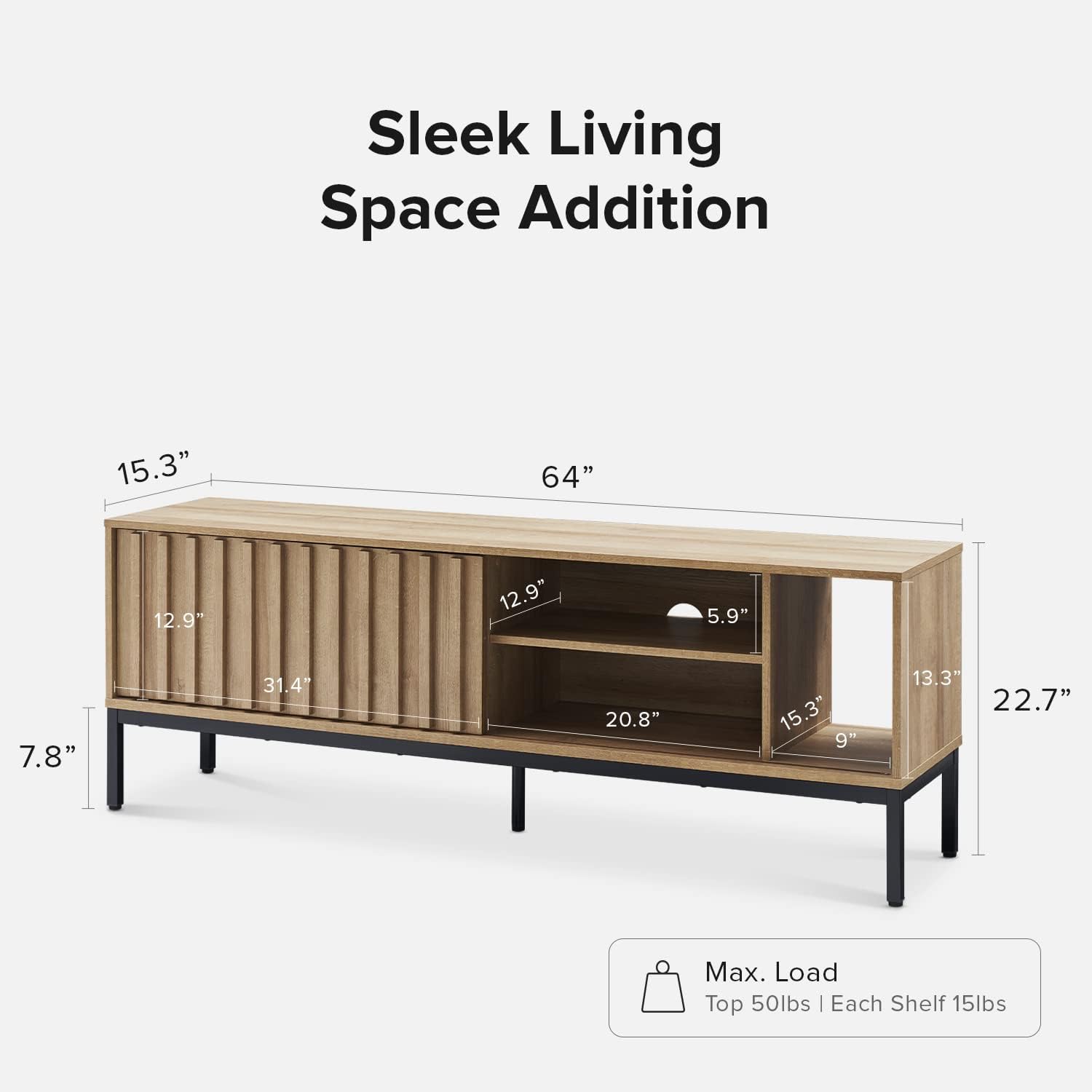 mopio Norwin TV Stand, Rustic Modern Industrial Television Stand for 60/65/70 inch TV, Fluted Entertainment Center with Storage, Wood Media Console Credenza Cabinet Table (Oak 64' TV Stand)