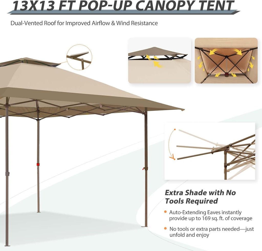 EAGLE PEAK 13x13 Straight Leg Pop Up Canopy Tent Instant Outdoor Canopy Easy Single Person Set up Folding Shelter w/Auto Extending Eaves 169 Square Feet of Shade (Beige)