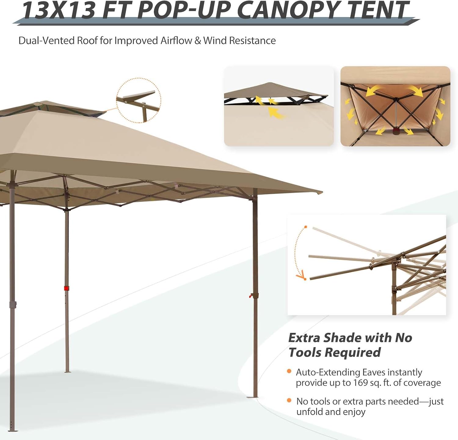 EAGLE PEAK 13x13 Straight Leg Pop Up Canopy Tent Instant Outdoor Canopy Easy Single Person Set up Folding Shelter w/Auto Extending Eaves 169 Square Feet of Shade (Beige)
