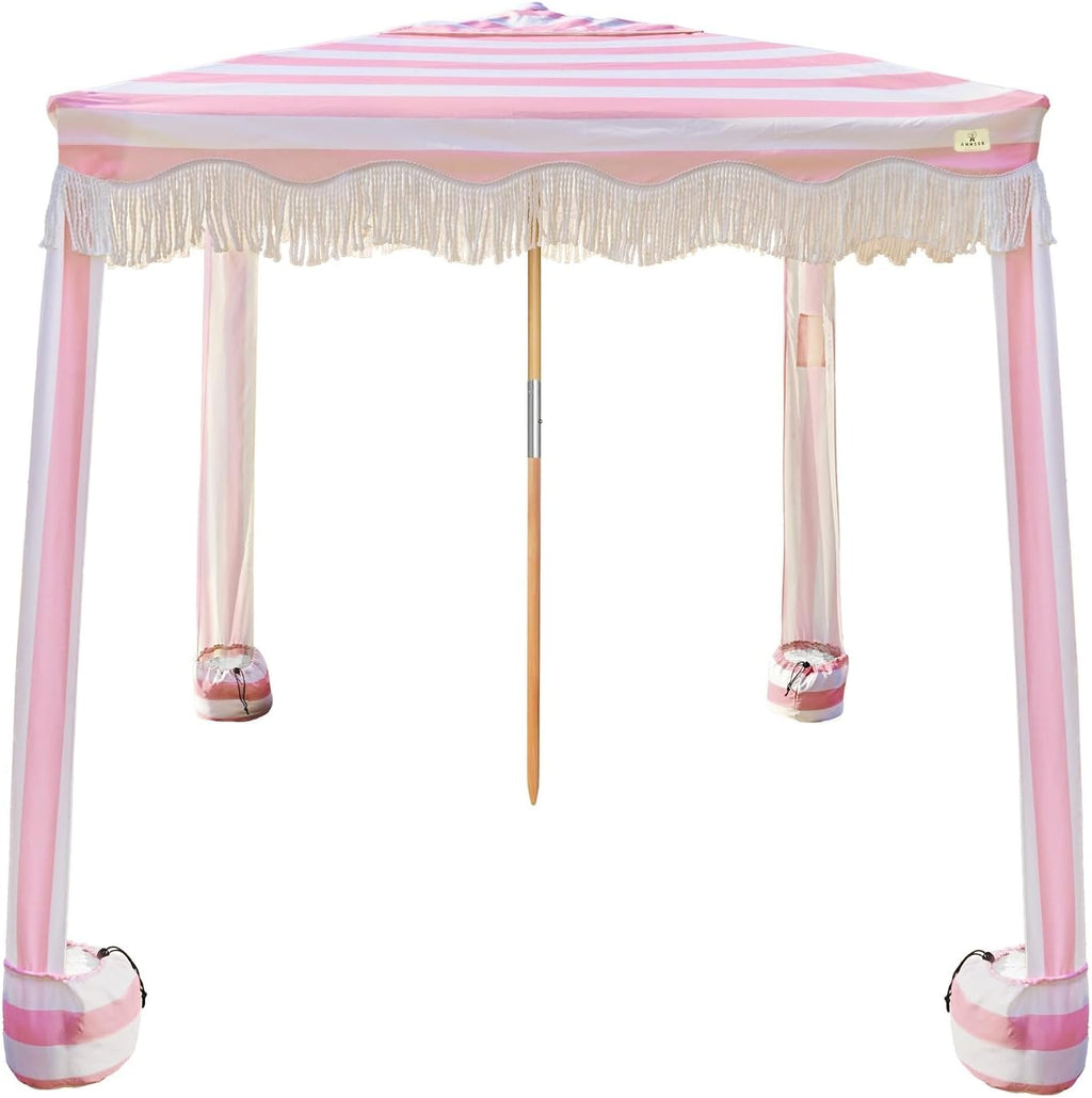 AMMSUN Beach Cabana with Fringe, 7' x 7' Boho Beach Canopy with Tassels, Easy Set up & Premium Wood Pole, Cabana Tent with Sand Pockets, Instant Sun Shade for Sand, Garden, Patio, Rose Stripes