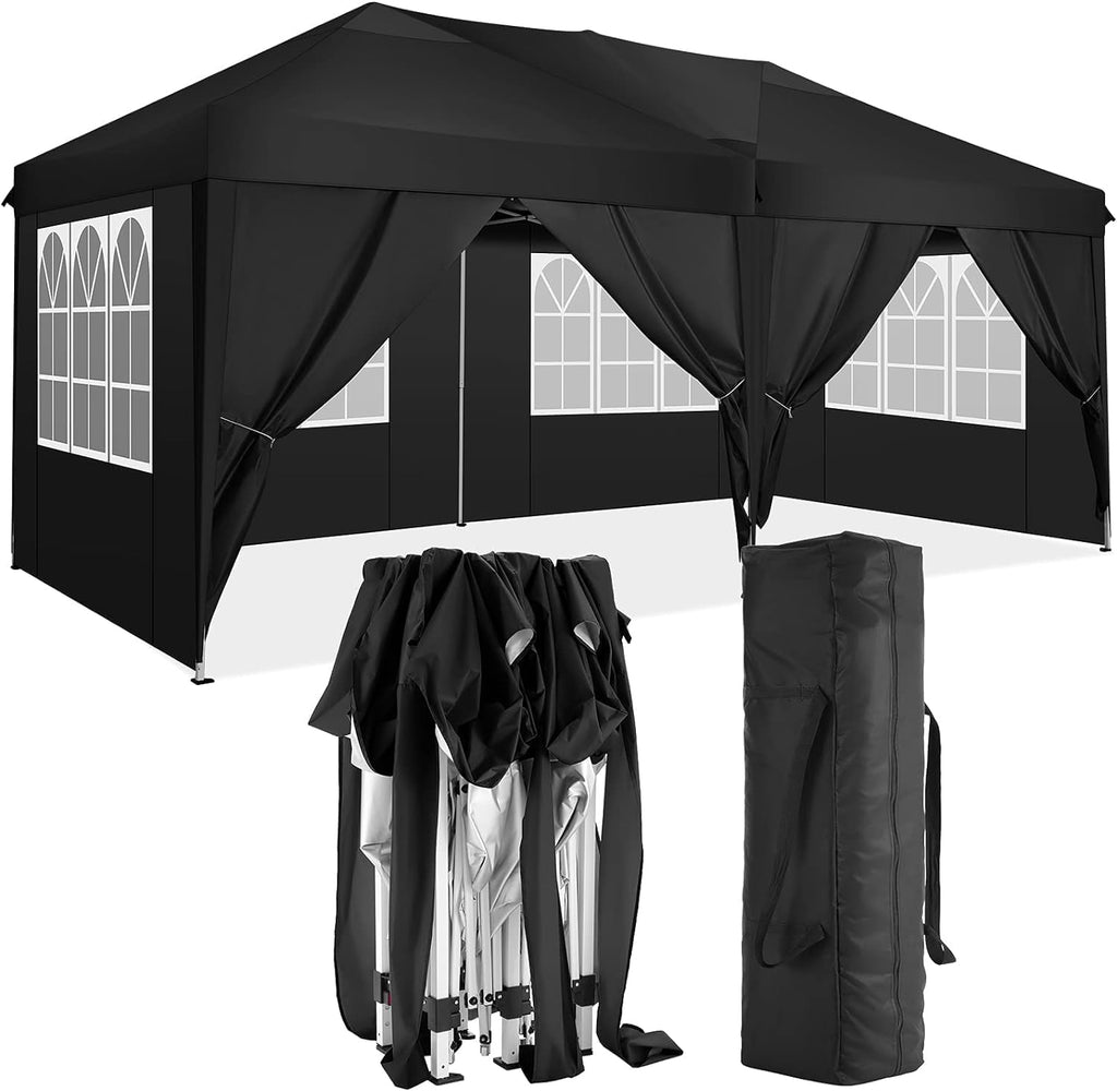 10x20 Pop Up Canopy with 6 Sidewalls Commercial Canopy Tent UPF 50+ All Weather Waterproof Outdoor Wedding Party Tent for Gazebo, Camping, Backyard Parties with Sand Bag, Black