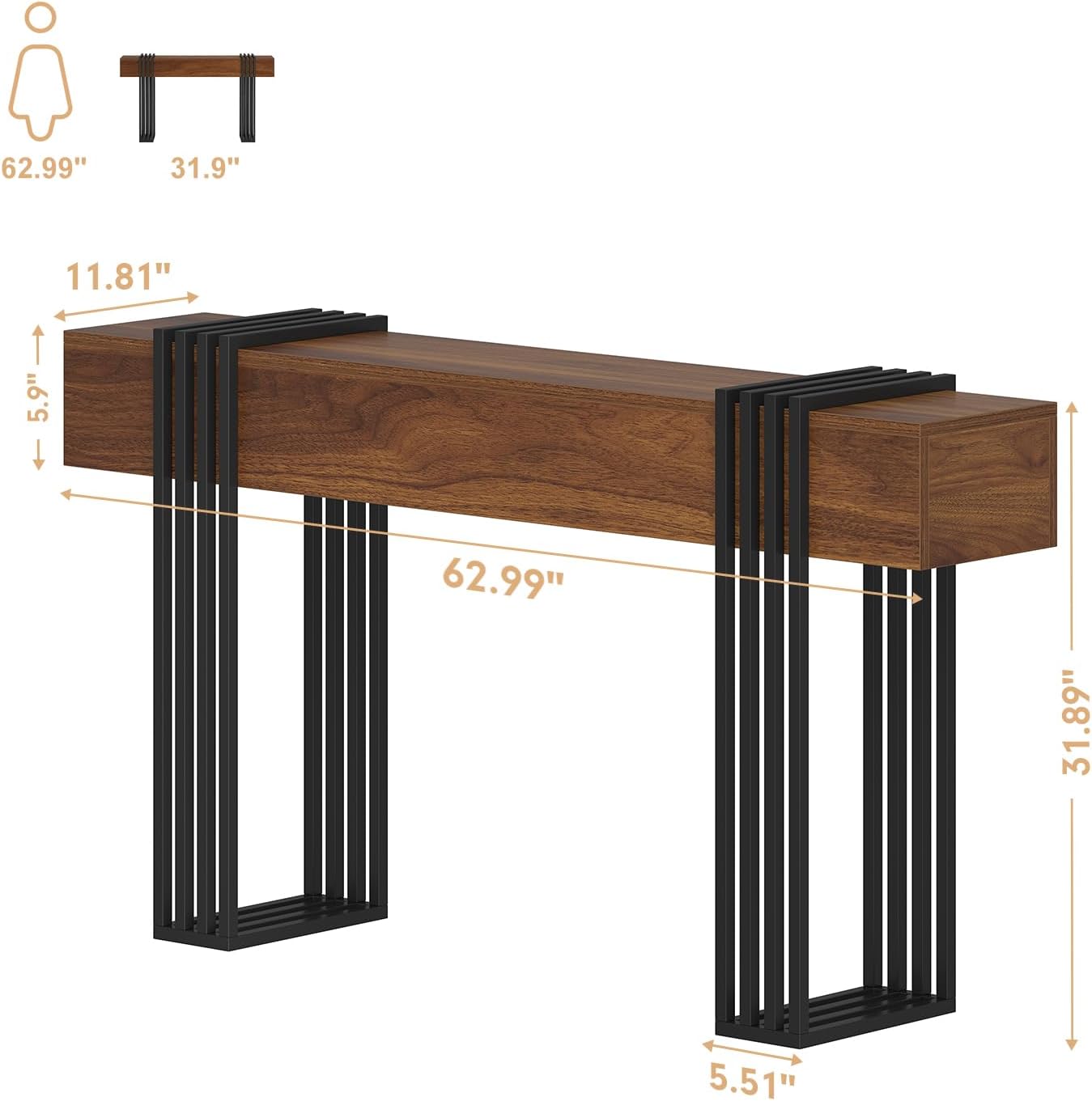 knoworld 63 Inch Long Console Table, Extra Thick Industrial Sofa Table Behind The Couch Rectangular Entryway Table for Entrance Hallway Living Room, Entire top Board & 4-Pipe Legs, Rustic Brown