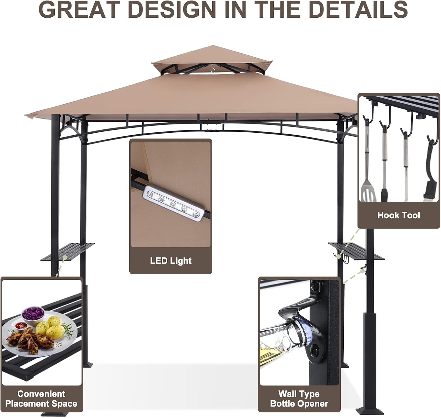 ABCCANOPY 8x5 Grill Gazebo - Outdoor BBQ Canopy Shelter with Led Light for Patio Backyard Grilling (Khaki)