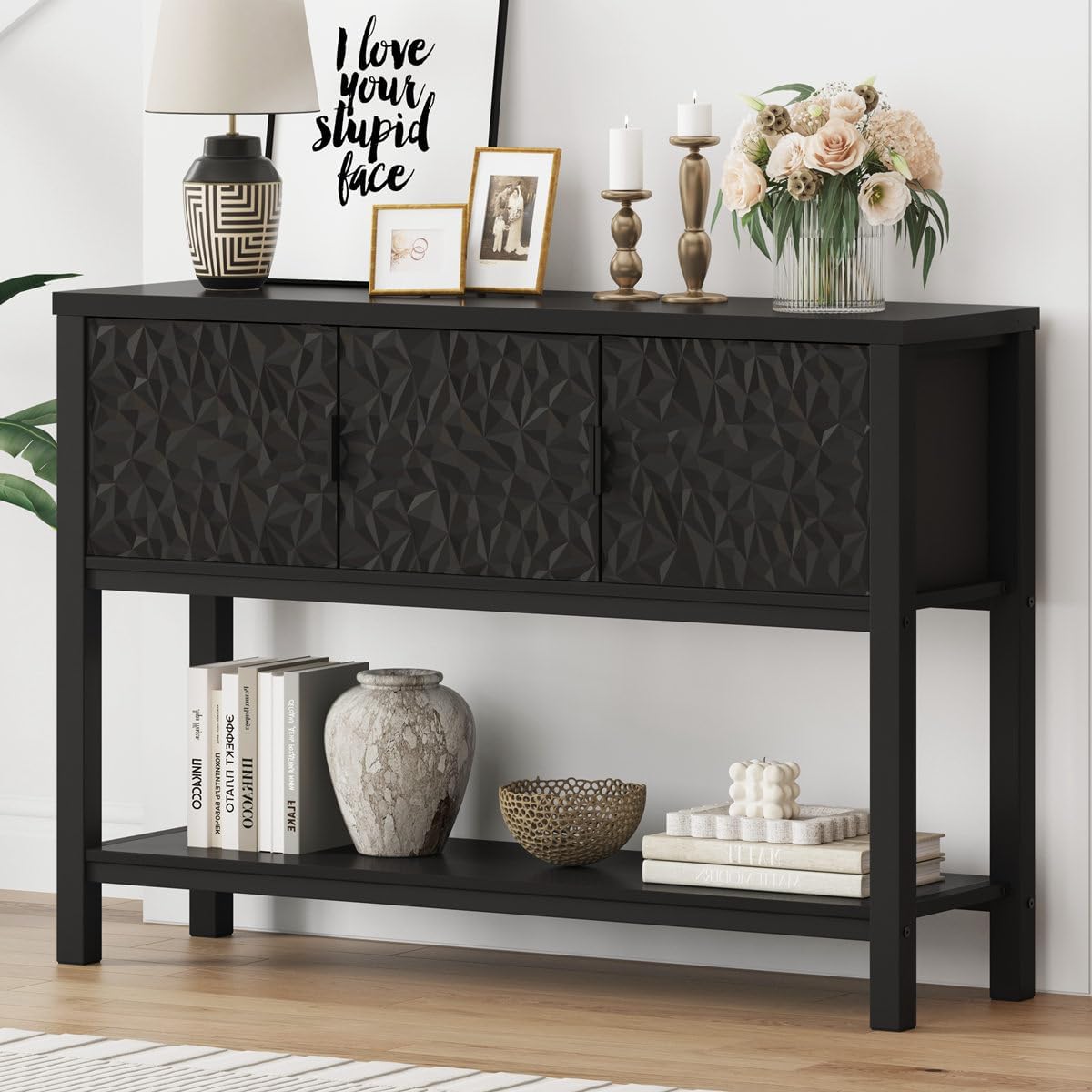 FATORRI Black Console Table with Storage, 47' Modern Farmhouse Entryway Table with 3 Geometric Doors, Sofa Table for Hallway, Living Room, Foyer