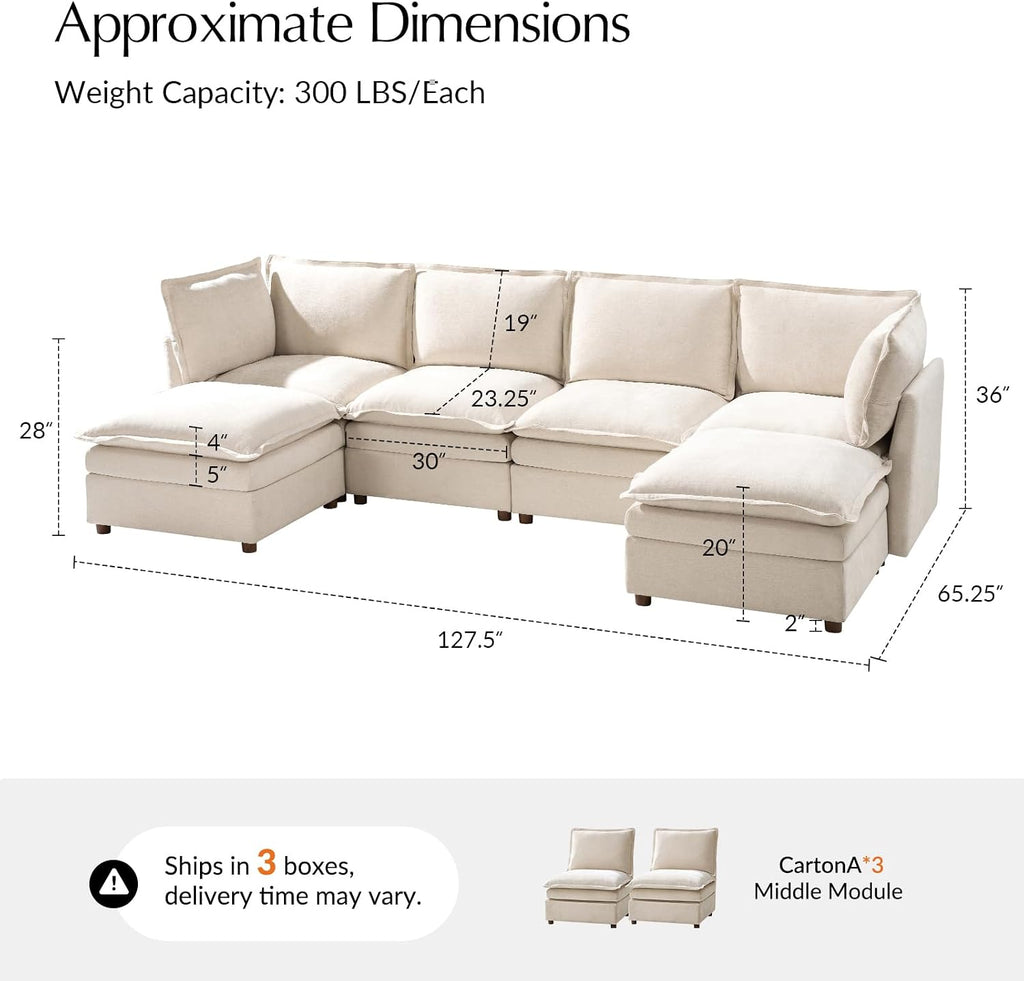 HULALA HOME 128'' Oversized Modular Sectional Sofa with Dual-Layered Cushions, U Shaped 6 Seater Couch with Storage Ottoman and Removable Cover, Modern Deep Seat Cloud Couch for Living Room, Beige