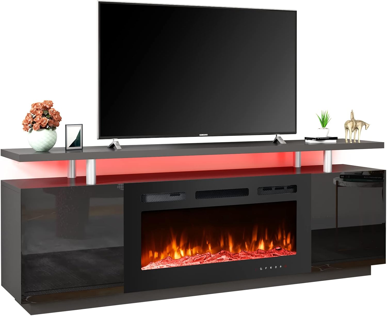 EROMMY 70'' Fireplace TV Stand with 36'' Electric Fireplace, Entertainment Center with 12 Flame Fireplace Insert Heater and 16 Color Led Lights, TV Console for TVs up to 80'' for Living Room, Black