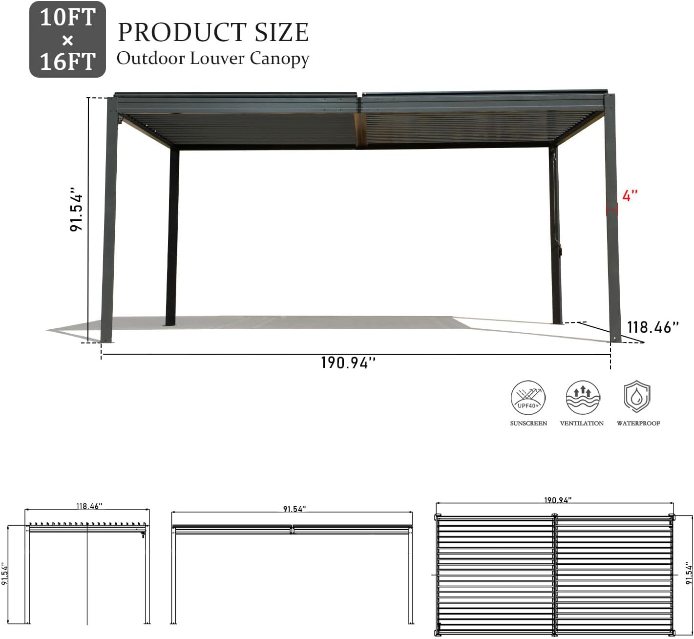 Domi Louvered Pergola 10×16 FT, Outdoor Aluminum Pergola with Adjustable Rainproof Roof and Drainage System, Metal Pergola Gazebo for Patio, Deck, Backyard, Grey