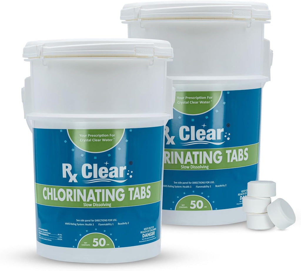 Rx Clear 1' Inch Chlorine Tabs | 100 Pounds | Use Tablets as Bactericide, Algaecide, & Disinfectant in Swimming Pools | Stabilized, Long Lasting, Slow Dissolving, & UV Protected (2 x 50 LB Buckets)