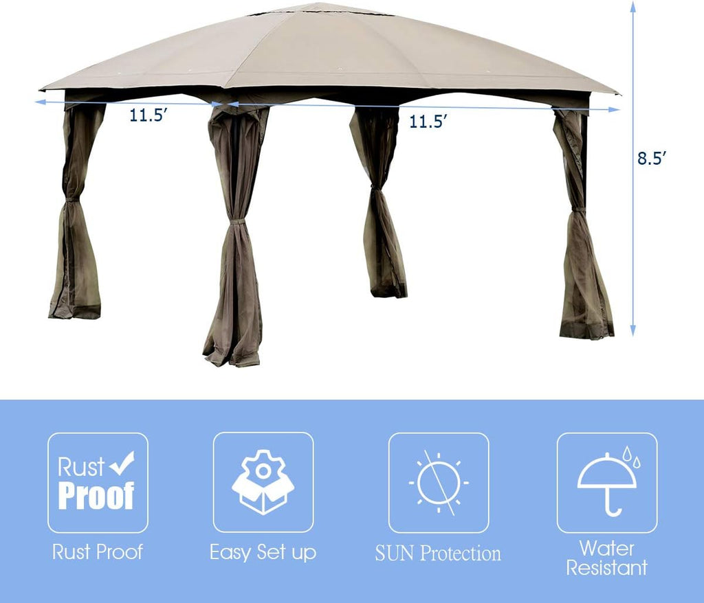 Tangkula 11.5 x 11.5 Feet Large Outdoor Gazebo, Fully Enclosed Canopy Gazebo with Netting, Patio Gazebo Shelter w/ 133 Square Feet of Shade for Patio Lawn Garden Beach Picnic