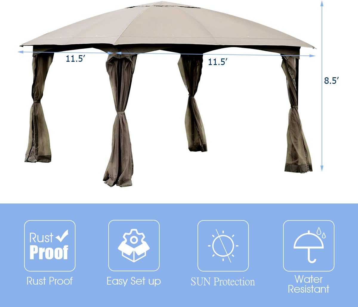 Tangkula 11.5 x 11.5 Feet Large Outdoor Gazebo, Fully Enclosed Canopy Gazebo with Netting, Patio Gazebo Shelter w/ 133 Square Feet of Shade for Patio Lawn Garden Beach Picnic